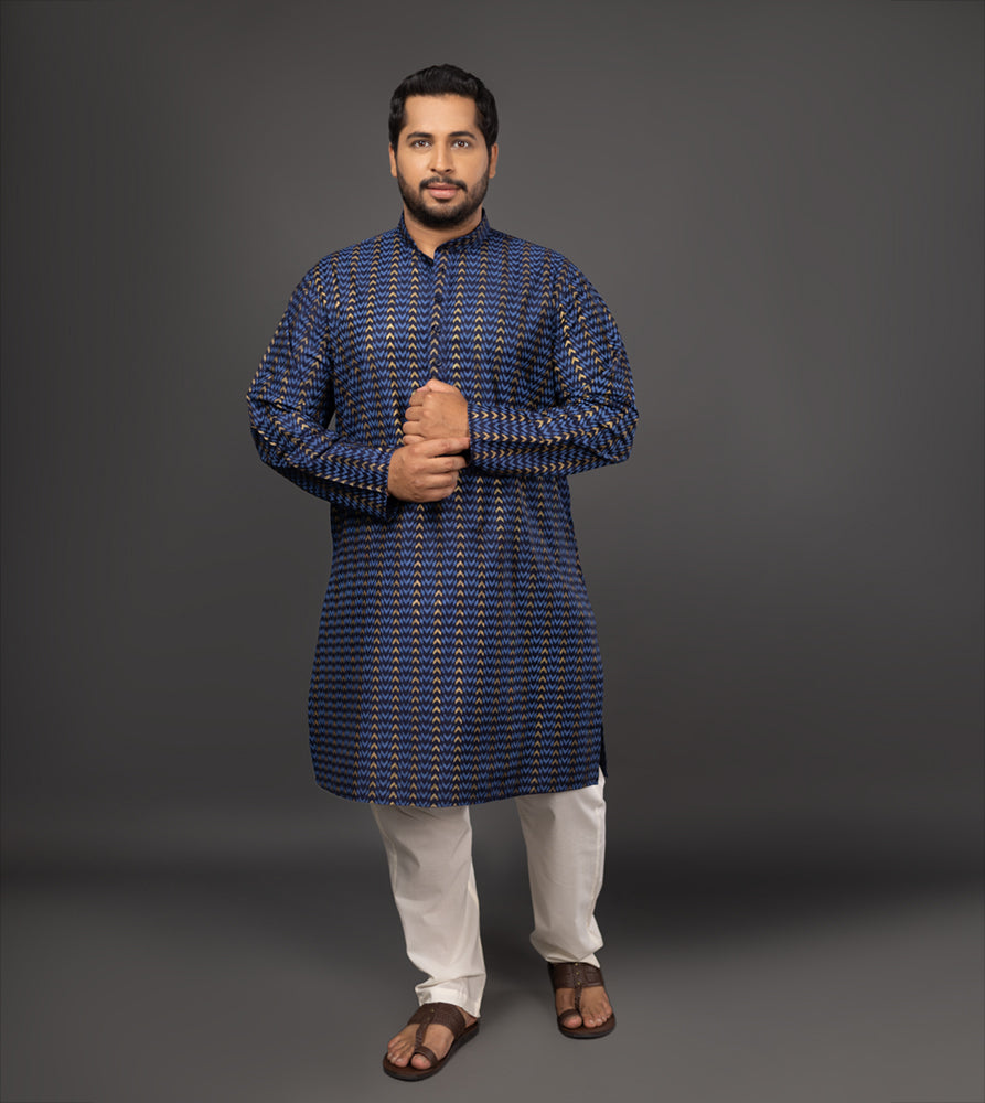 Sizeupp | Plus Size  Kurta For Men | 4XL - 9XL | 100% Cotton | Print | Navy