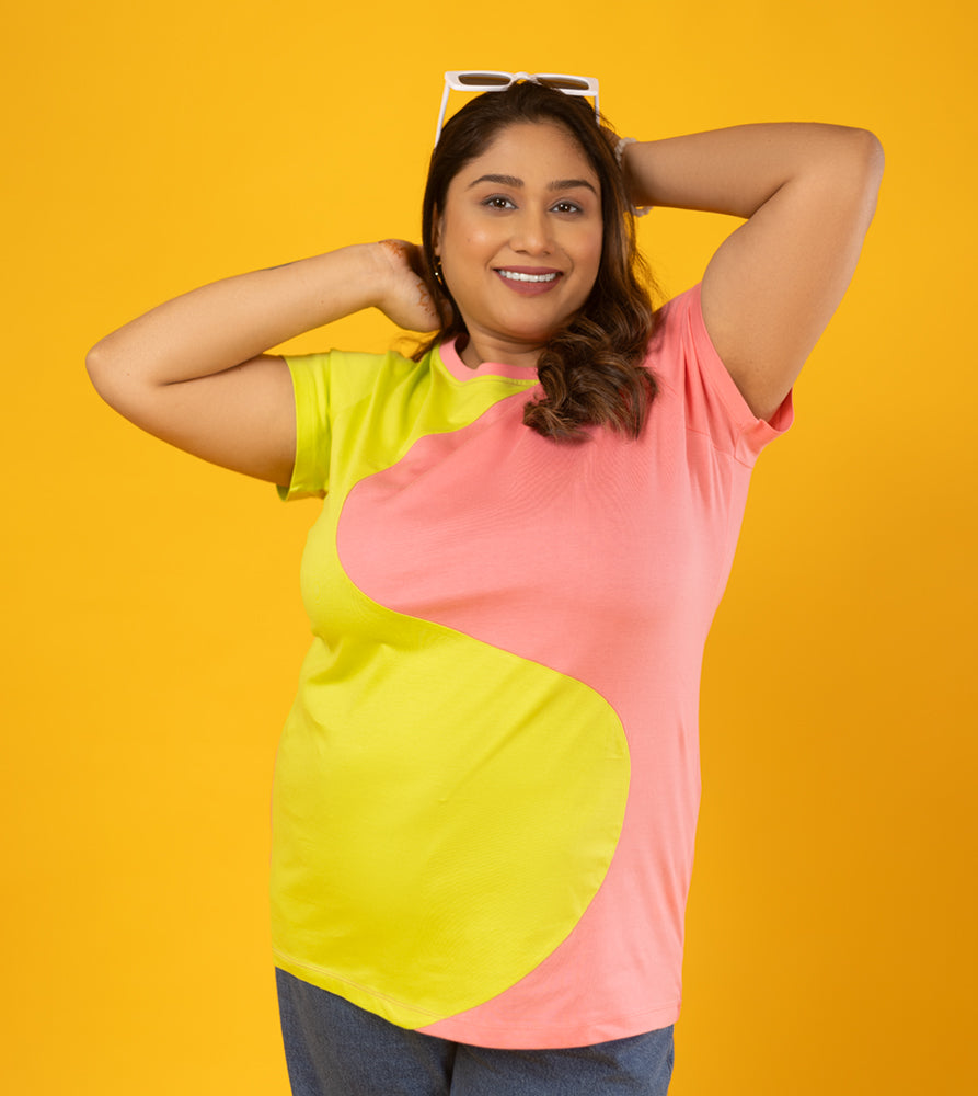 Sizeupp Plus Size Crew Neck T-Shirt For Women 2XL 8XL 100% Cotton Color Block Lime